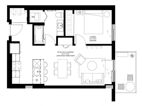 Floor plan for 1 bed, 1 bath, 610 sqft